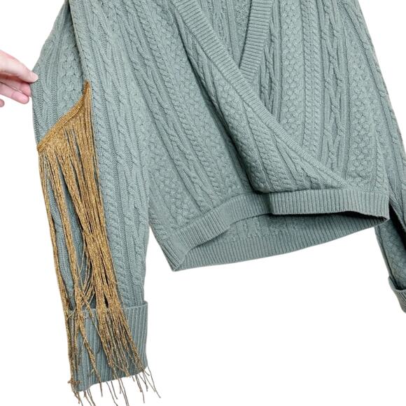 HELLESSY Marvelle Fringe Merino Wool-Blend Wrap Sweater Green and Gold Size M - Picture 7 of 16